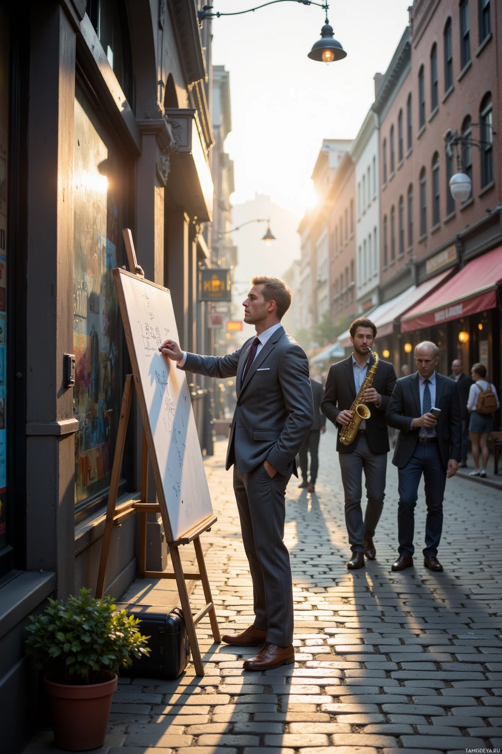 Realistic high quality photo. A 31‑year‑old man with short blonde hair, blue eyes, wearing a tailored dark gray suit, crisp white shirt and slim tie, stands on a cobblestone sidewalk at dawn in a busy city street, intently sketching rhythmic patterns on a large whiteboard while a street performer passionately plays a saxophone nearby, with early morning light filtering through tall brick buildings.