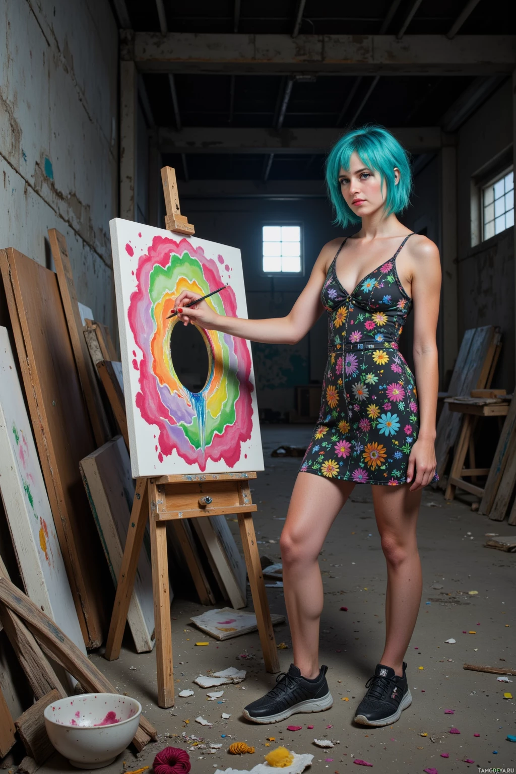 Realistic high quality photo. A 24‑year‑old woman with short messy electric blue hair, bright green eyes, wearing a vintage dress with colorful patterns and chunky sneakers, stands in a dim abandoned warehouse surrounded by dusty discarded canvases and mismatched textures, holding a sticky hand from a yarn project as she paints a portal on a canvas, with a half‑built sculpture beside her and late‑night city glow filtering through broken windows.