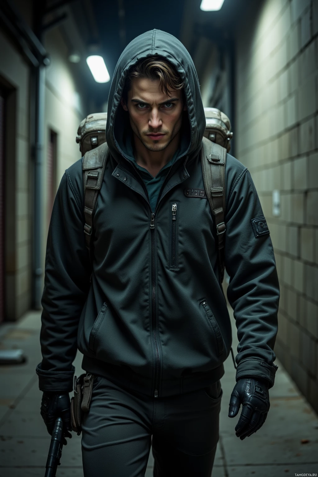 Realistic high quality photo. Tall male in his 30s with messy dark brown hair, piercing green eyes, wearing a dark gray hooded jacket and matching pants, stealthily slipping through a dimly lit concrete alley at night, carrying a humming cargo strapped to his belt, concrete walls illuminated by low streetlight glow, tense atmosphere.