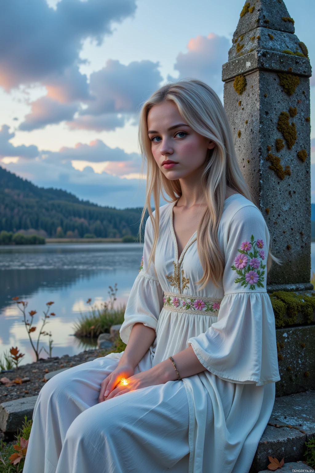 Realistic high quality photo. A young woman with long silvery blonde hair and pale blue eyes, wearing a flowing white dress embroidered with flowers, sits by a moss‑covered ancient stone beside a gentle stream, a faint star glowing on her wrist, while a leaf with a poem lies beside the water under a watercolor sky of shifting clouds at twilight.