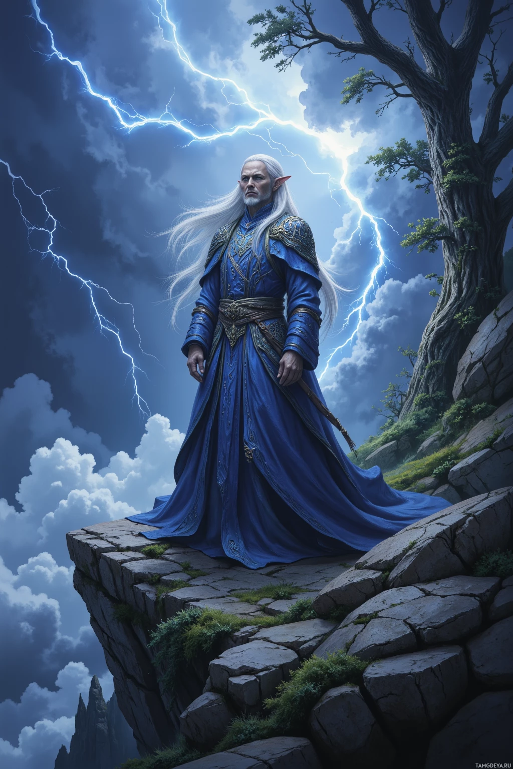 Realistic high quality photo. A tall, elegant 3000‑year‑old elf sage with flowing silver hair, piercing blue eyes, wearing a finely embroidered silver‑patterned robe with delicate runes, standing on the eastern cliff beneath a bruised indigo sky as a rogue storm rattles the rocks, ancient trees guarding the realm, wind bending his robes, while he calmly watches the storm.