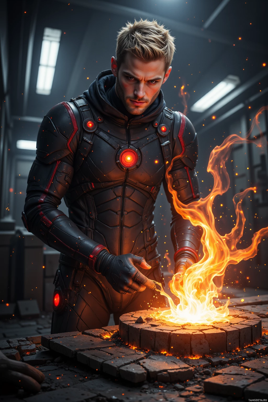 Realistic high quality photo. A lithe 29‑year‑old male with blonde hair, piercing blue eyes, a mischievous grin, wearing a form‑fitting black and red stealth suit with sleek armor panels, fine‑tunes a glowing plasma‑conduit in a dimly lit, high‑tech laboratory, sparks swirling into heat patterns against dark walls, leaving charred outlines of a prototype amid a quiet, controlled chaos.