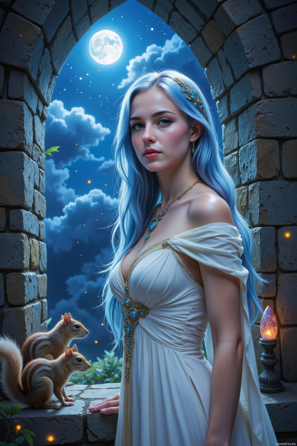 Realistic high quality photo. A serene woman with long flowing blue hair and deep blue eyes, wearing a light-colored flowing dress adorned with sapphire jewelry and a tight shawl, standing beside a crystal window in a moonlit cavern, with squirrels gathering outside, a glowing moonstone nearby, and a gentle wind swirling around her.