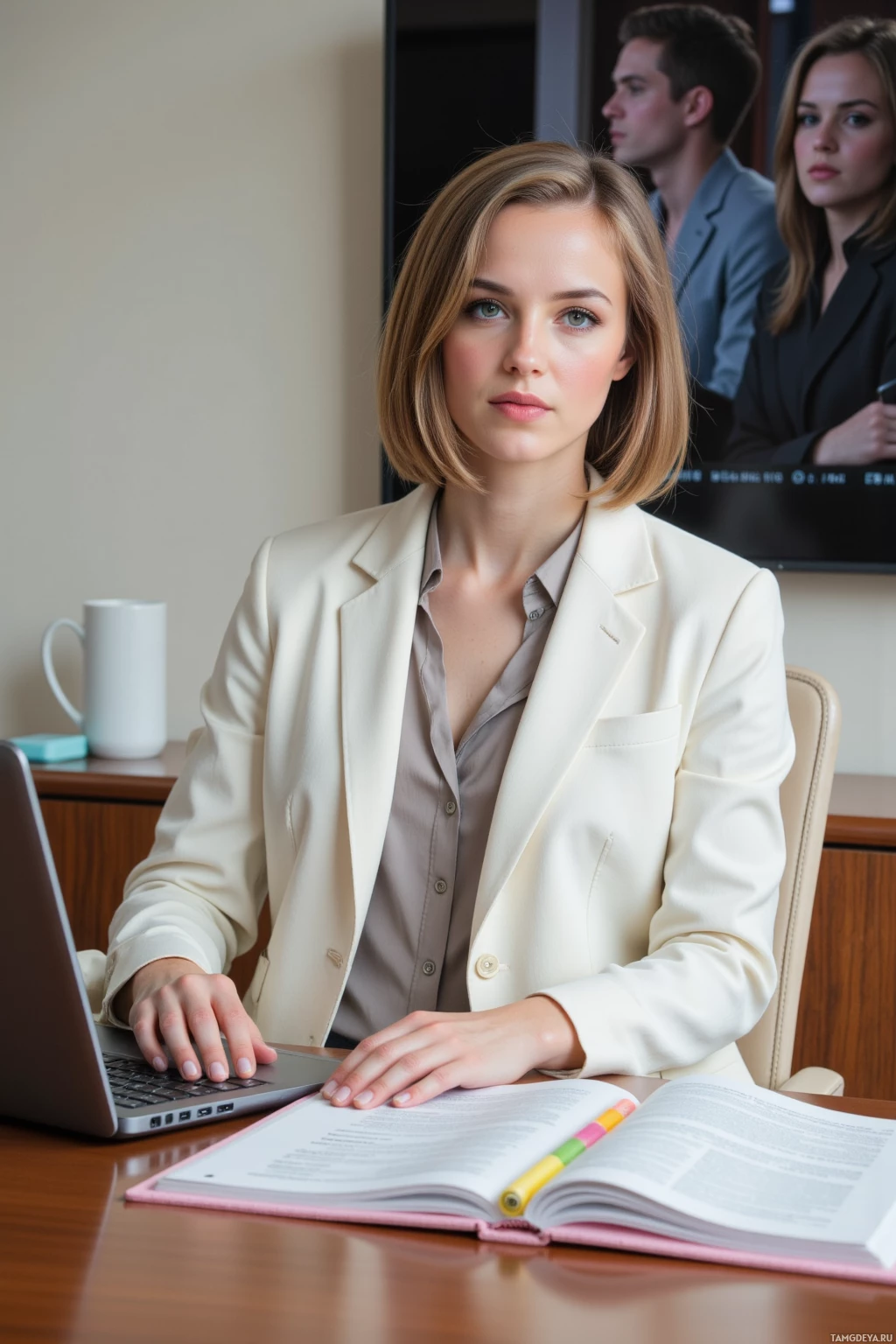Realistic high quality photo. Woman, 29, light brown bob haircut, green eyes, wearing a tailored white blazer over a pale gray blouse and fitted beige slacks, sits at a modern law office desk in the morning, aligning a color‑coded binder with a client brief, filing a motion on a laptop, while a flat‑screen TV shows a soap opera scene.