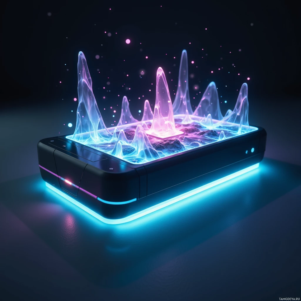 Semi-abstract image with many light, that is suitable for the post:  Portable holographic gym system with a sleek matte black chassis, minimalist design, subtle glowing LED accents along the edges, projecting a vivid 3D workout environment.