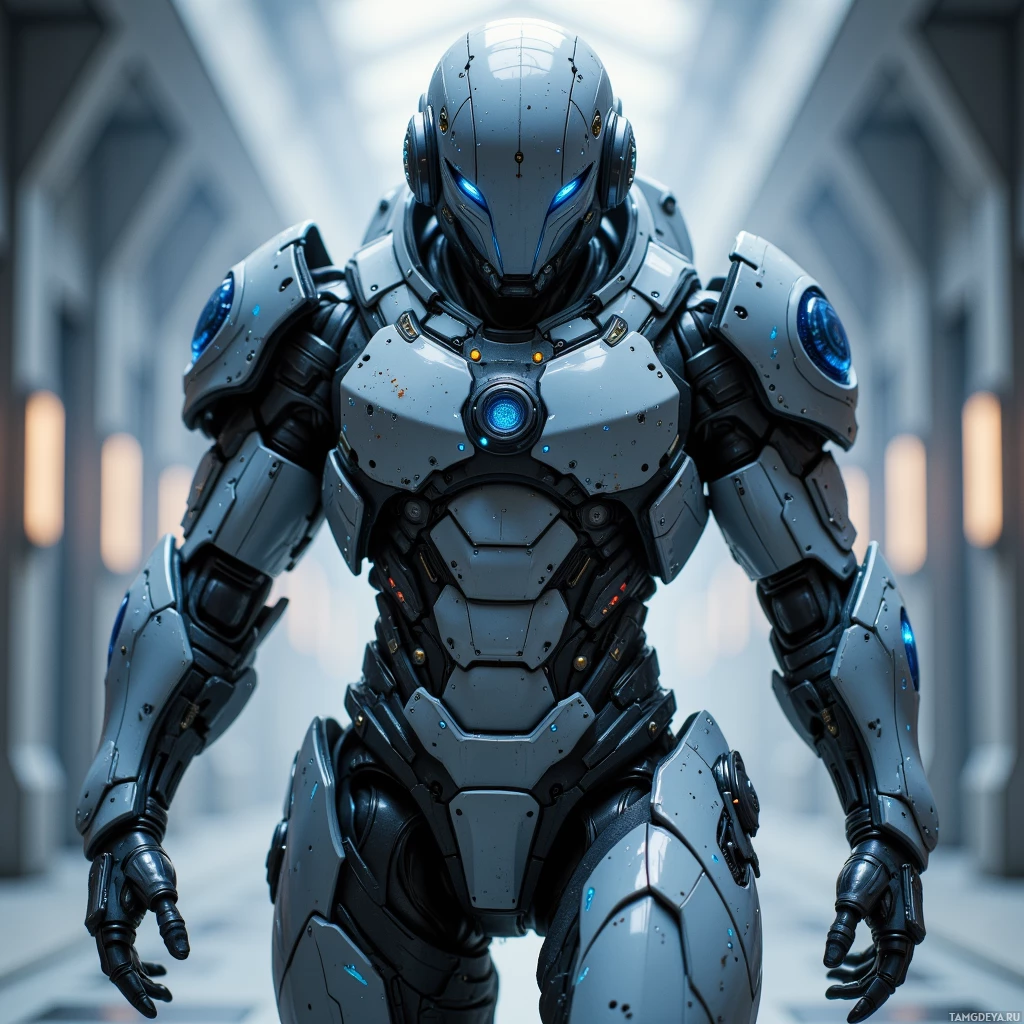 Semi-abstract image with many light, that is suitable for the post:  Modular exosuit with seamless carbon‑fiber shell, subtle blue LED lines tracing the joints, lightweight frame, adaptive actuator pads on limbs, integrated load‑sensing array panels, sleek AI core housing, futuristic high‑tech aesthetic.