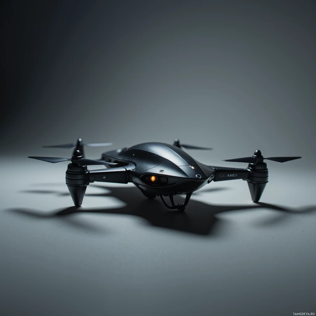 Semi-abstract image with many light, that is suitable for the post:  Sleek matte‑black stealth drone, tiny loaf‑of‑bread size, carbon‑fiber frame with radar‑absorbing paint, silent brushless motors wrapped in acoustic dampening, subtle micro‑blade inside, minimal vibration, smooth aerodynamic lines.