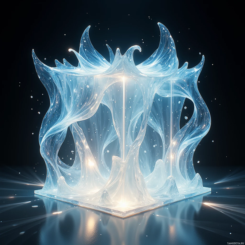 Semi-abstract image with many light, that is suitable for the post:  A palm‑sized cube that unfolds into a wall‑sized canvas of twisted glass crystal, its surface a lattice of translucent graphene membranes vibrating and shimmering like living sound waves.