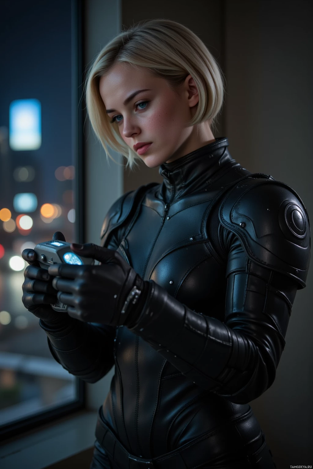 A person in a black leather outfit is holding a device with illuminated buttons.