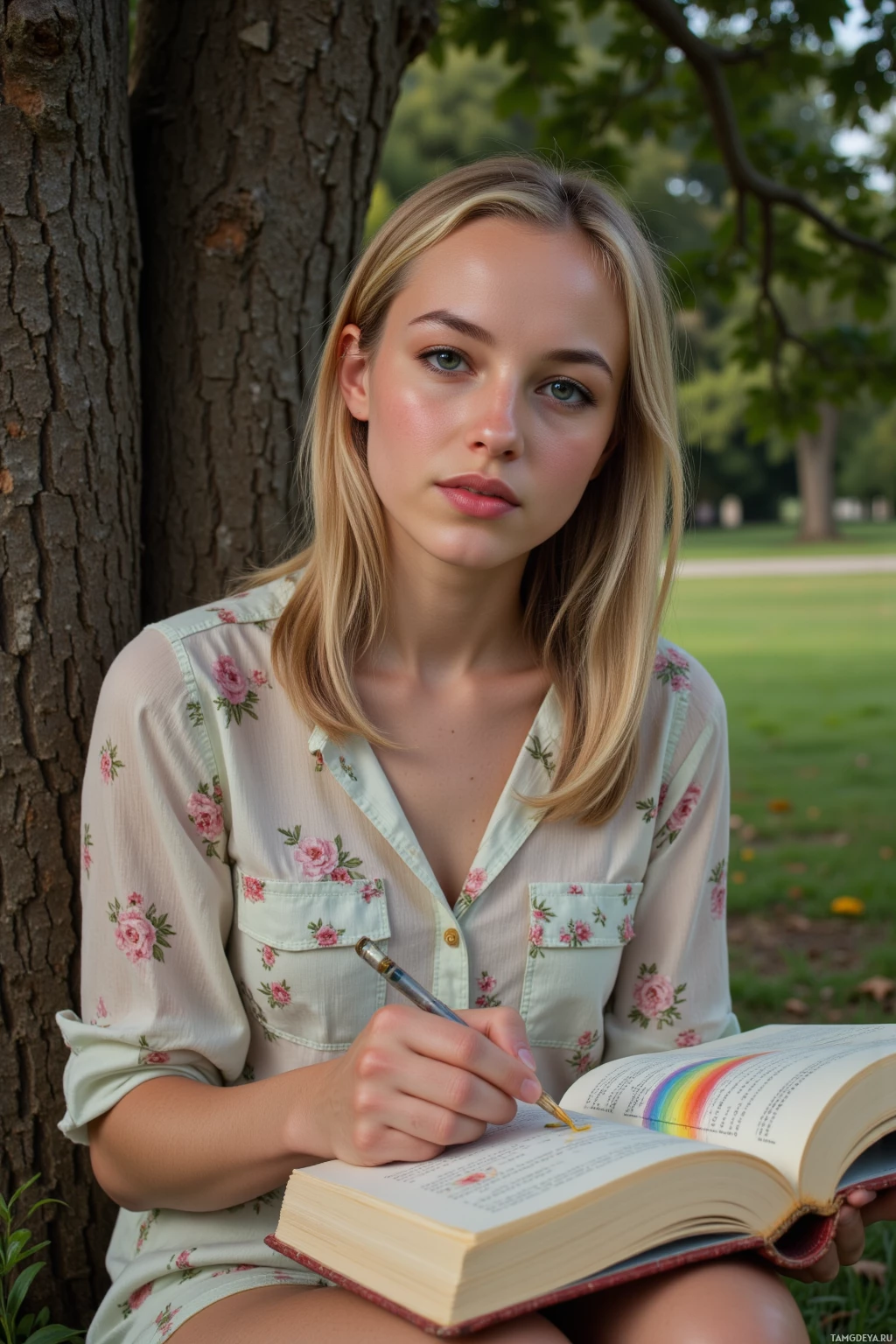 A young woman sits outdoors, leaning against a tree, and writes in a book.
