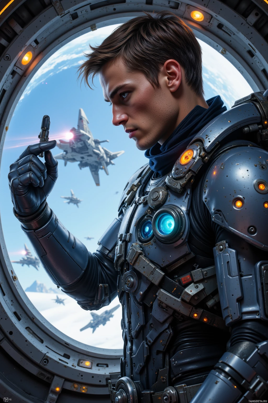 A person in futuristic armor stands inside a spacecraft, gazing out at a space station and a distant planet.