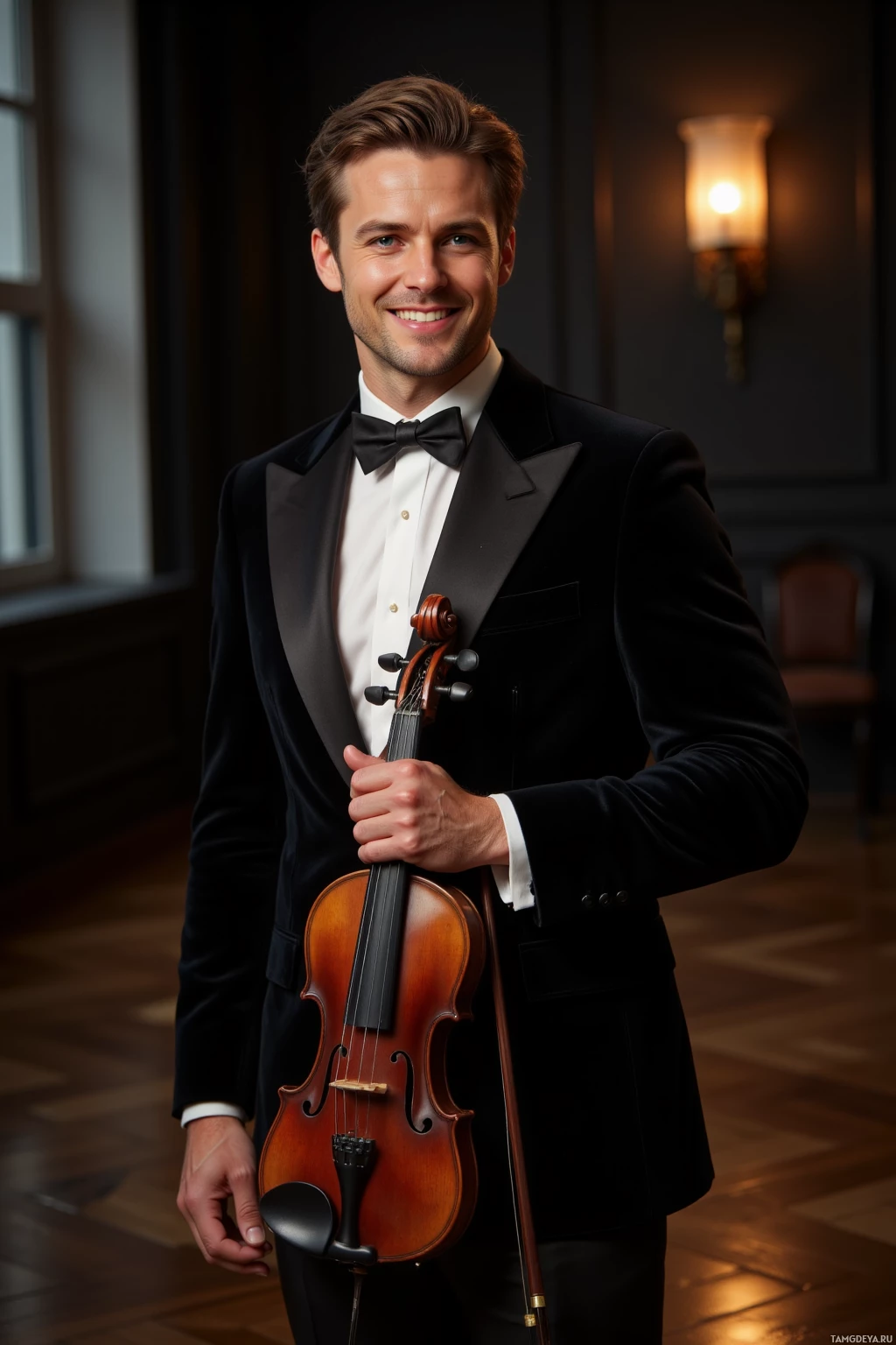 A man in formal attire holds a violin and smiles warmly.