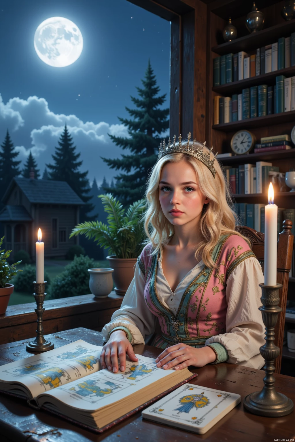A person in a medieval-style dress sits at a table by a window, reading an open book under the light of a full moon.