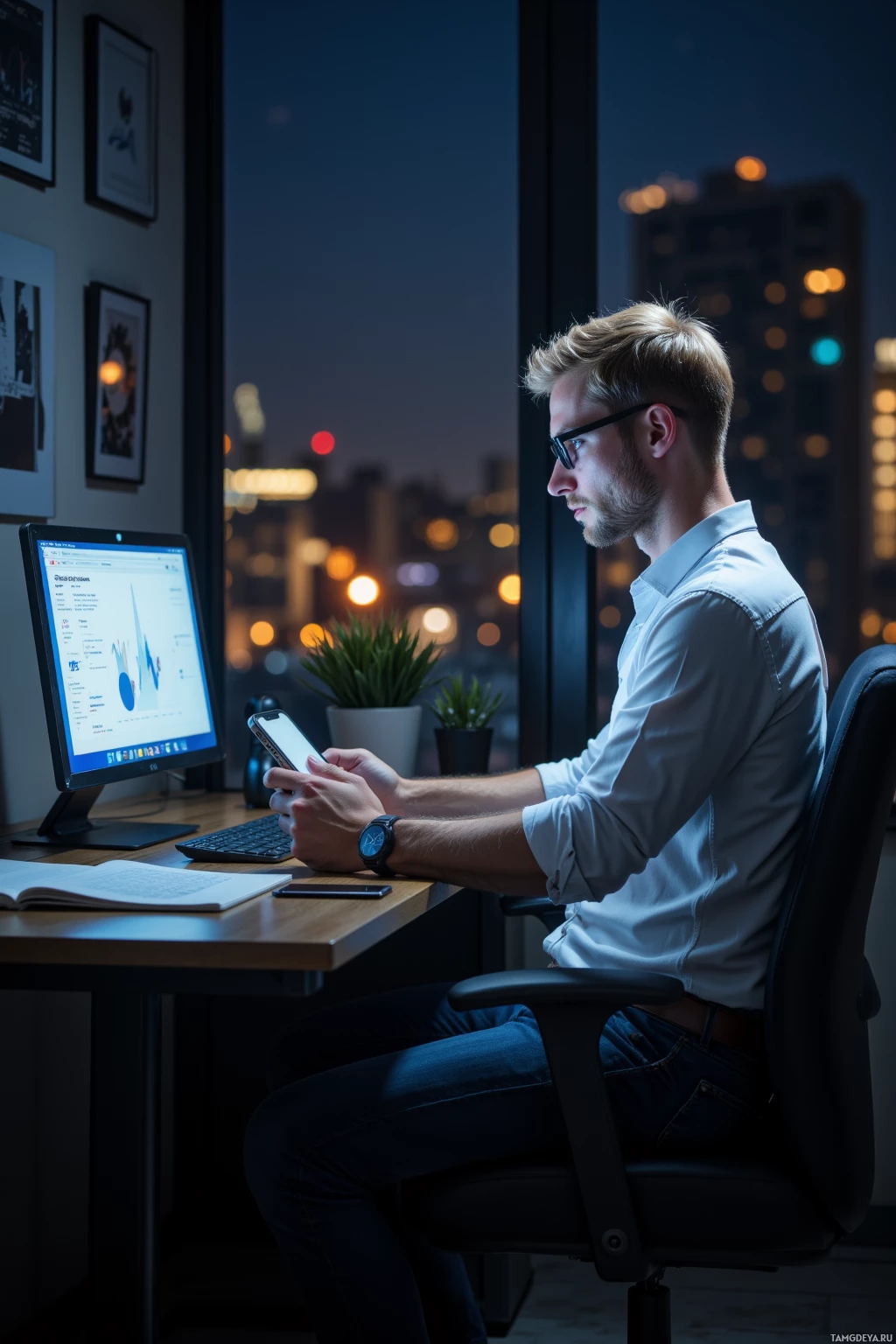 A person is sitting at a desk in an office with a cityscape view through large windows, using a smartphone while looking at a computer screen displaying graphs and data.