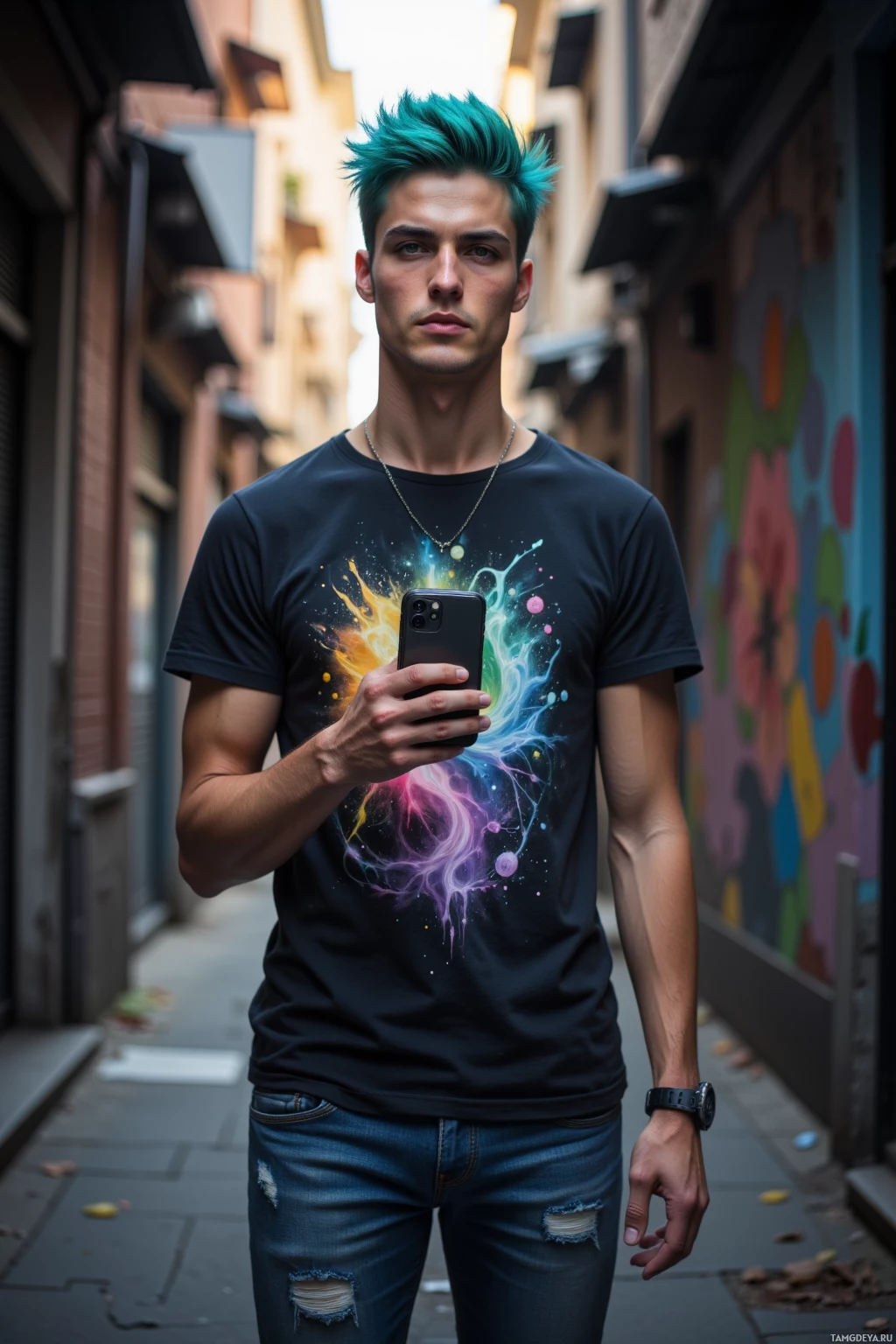 A person with teal hair takes a selfie in an alleyway wearing a black t-shirt featuring colorful abstract art and blue jeans.