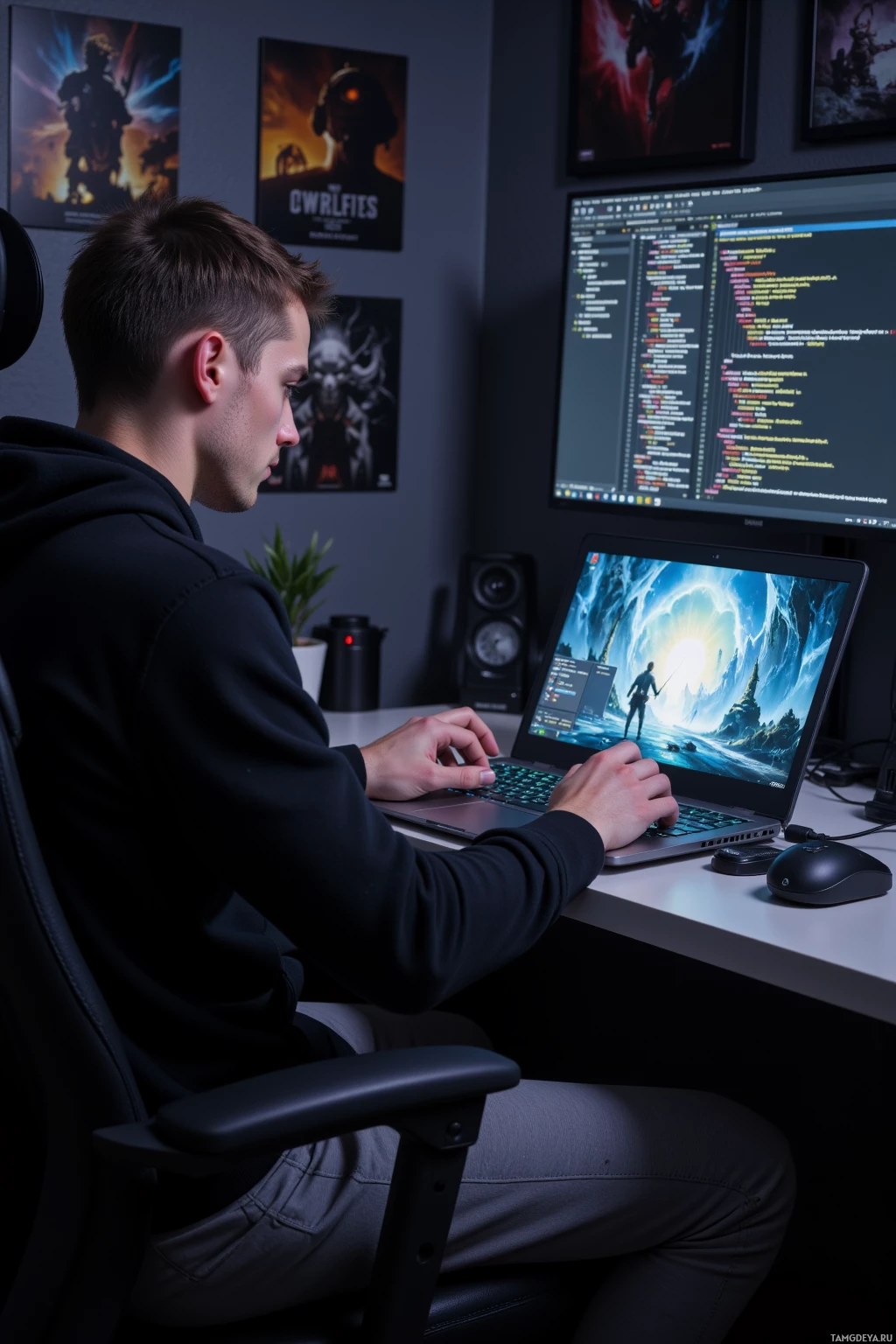A person is sitting at a desk working on a laptop with a monitor displaying code in the background.