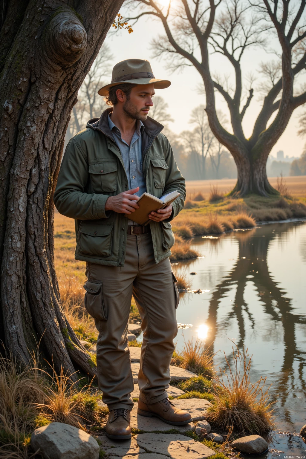 A man in outdoor attire stands by a riverbank, reading a book.