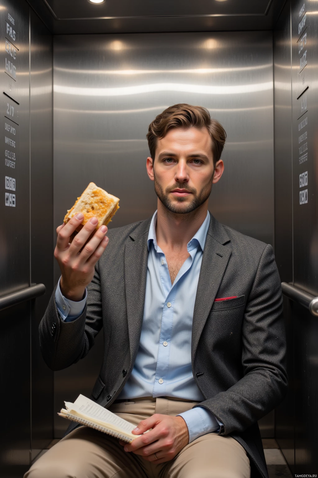 A man in a suit holds a sandwich and a book while sitting in an elevator.