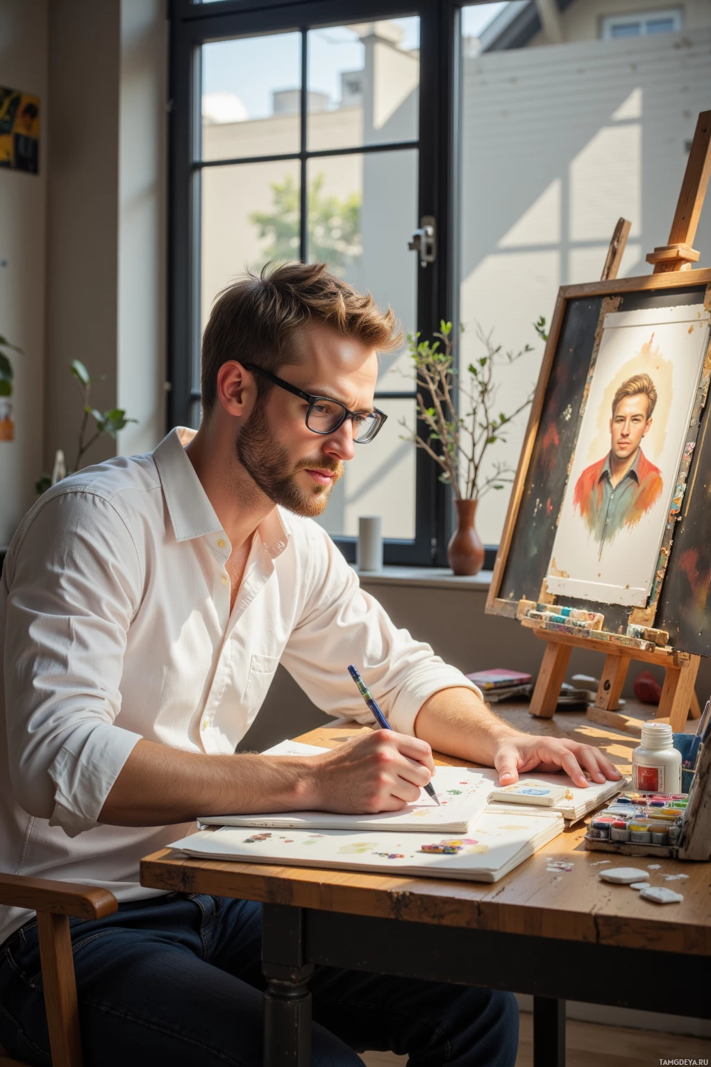 A person is seated at an easel in a well-lit studio, sketching or painting with watercolors and other art supplies around them.