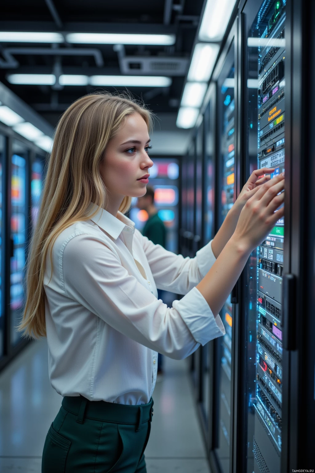 A person in a white shirt and green pants is working on a server in a data center.