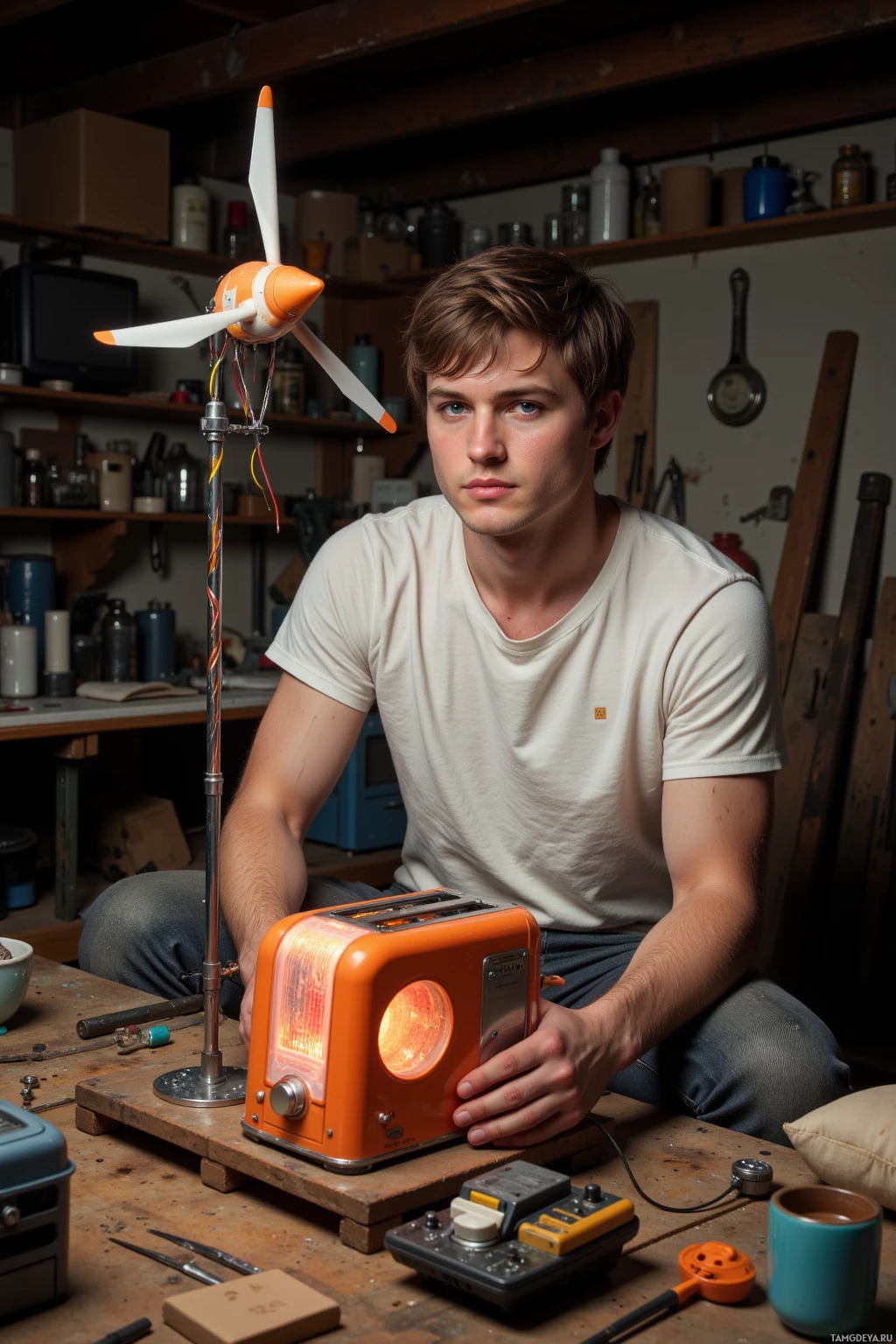 A person sits in a workshop with an orange toaster and a model wind turbine on a table.