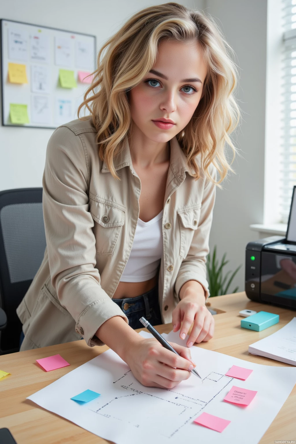 A person is working at a desk, sketching on paper with a pen.