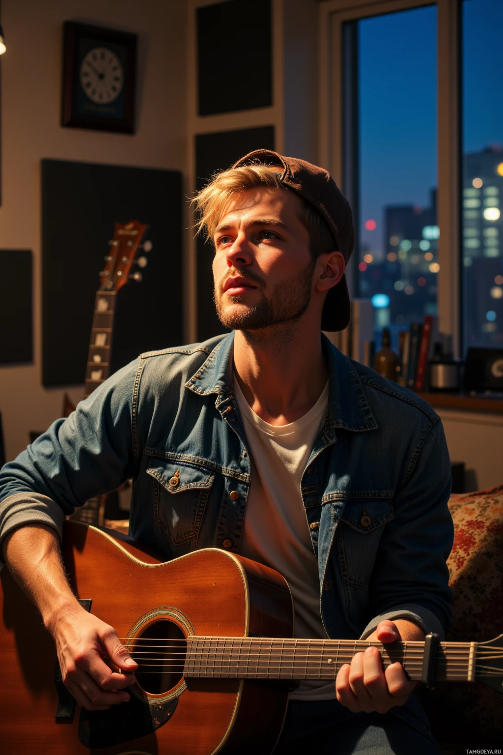 A person wearing a denim jacket and cap plays an acoustic guitar in a room with city lights visible through large windows.