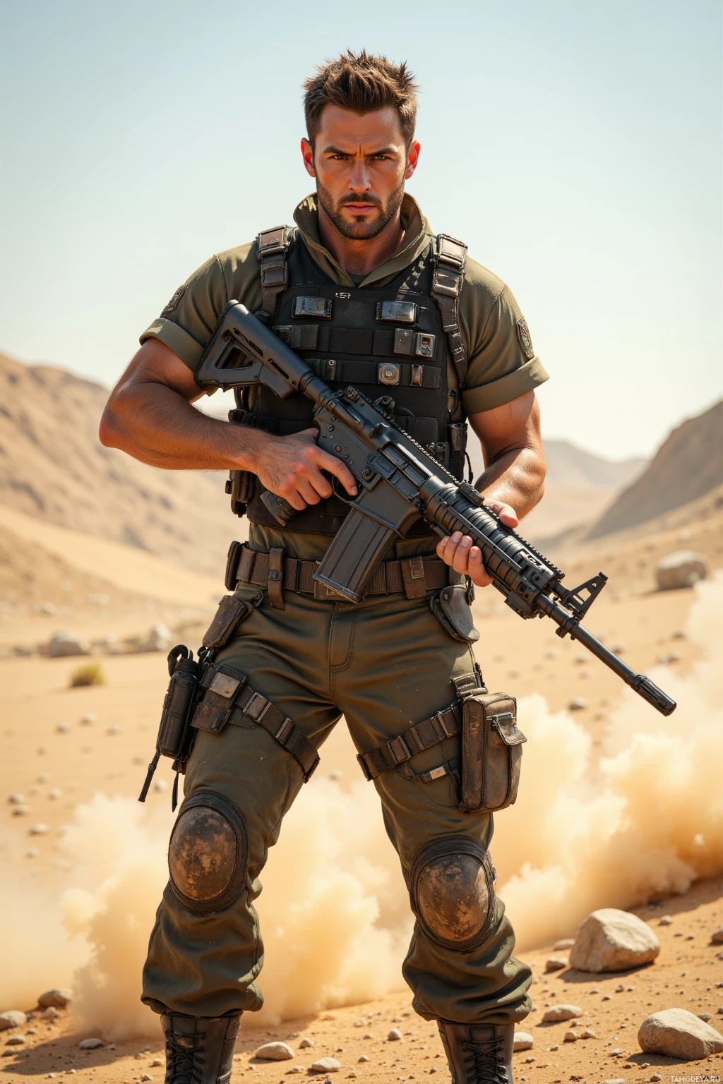 A soldier in tactical gear stands in a desert environment with an assault rifle.