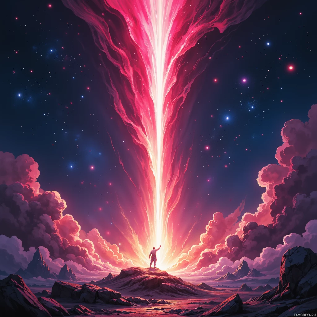 A person stands on a rocky outcrop, gazing at a bright, radiant beam of light shooting up into the starry sky.
