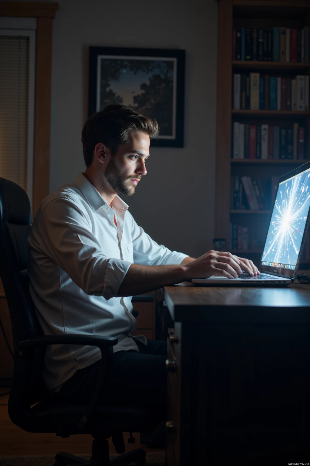 A man is sitting at a desk, working on a laptop in a dimly lit room.