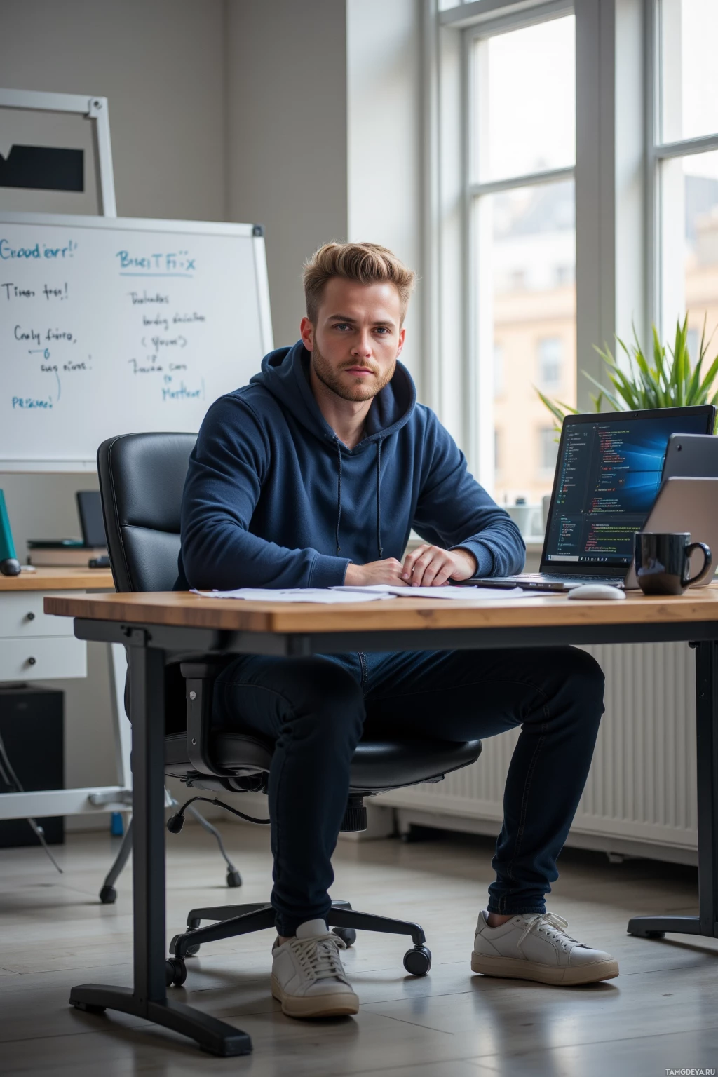 A person sits at a desk in an office setting with a laptop and whiteboard behind them.