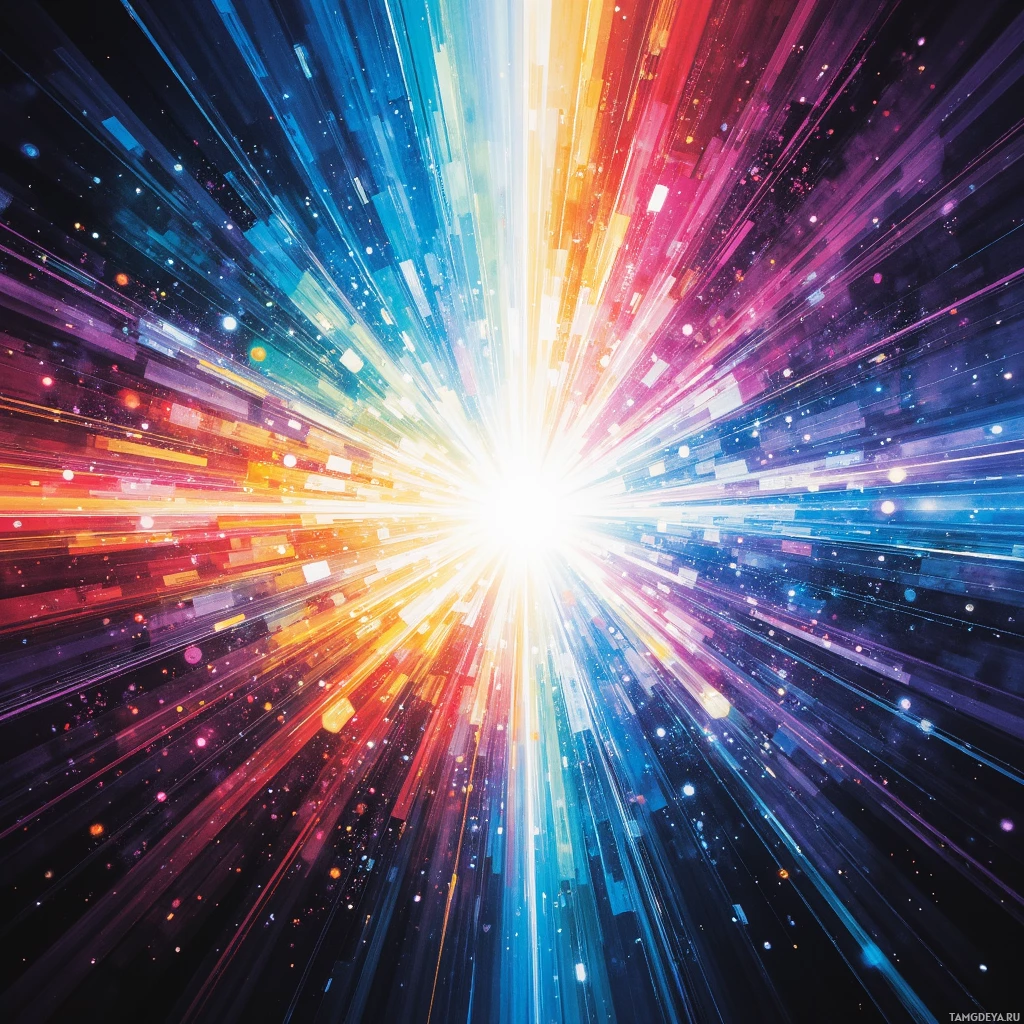 A vibrant burst of light with radiating colors and particles.