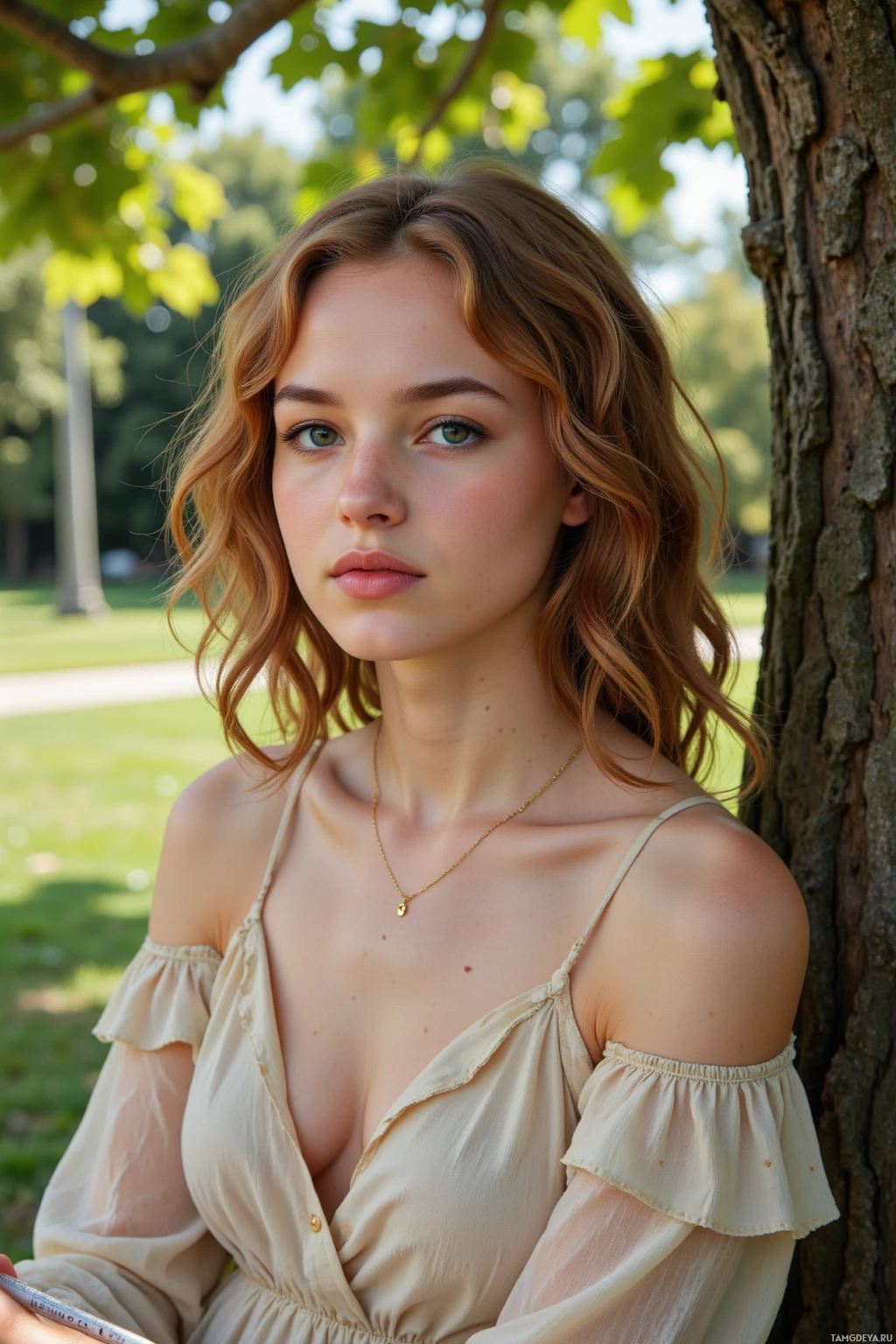 A person with shoulder-length hair wearing a light-colored off-the-shoulder top, standing near a tree in a park.