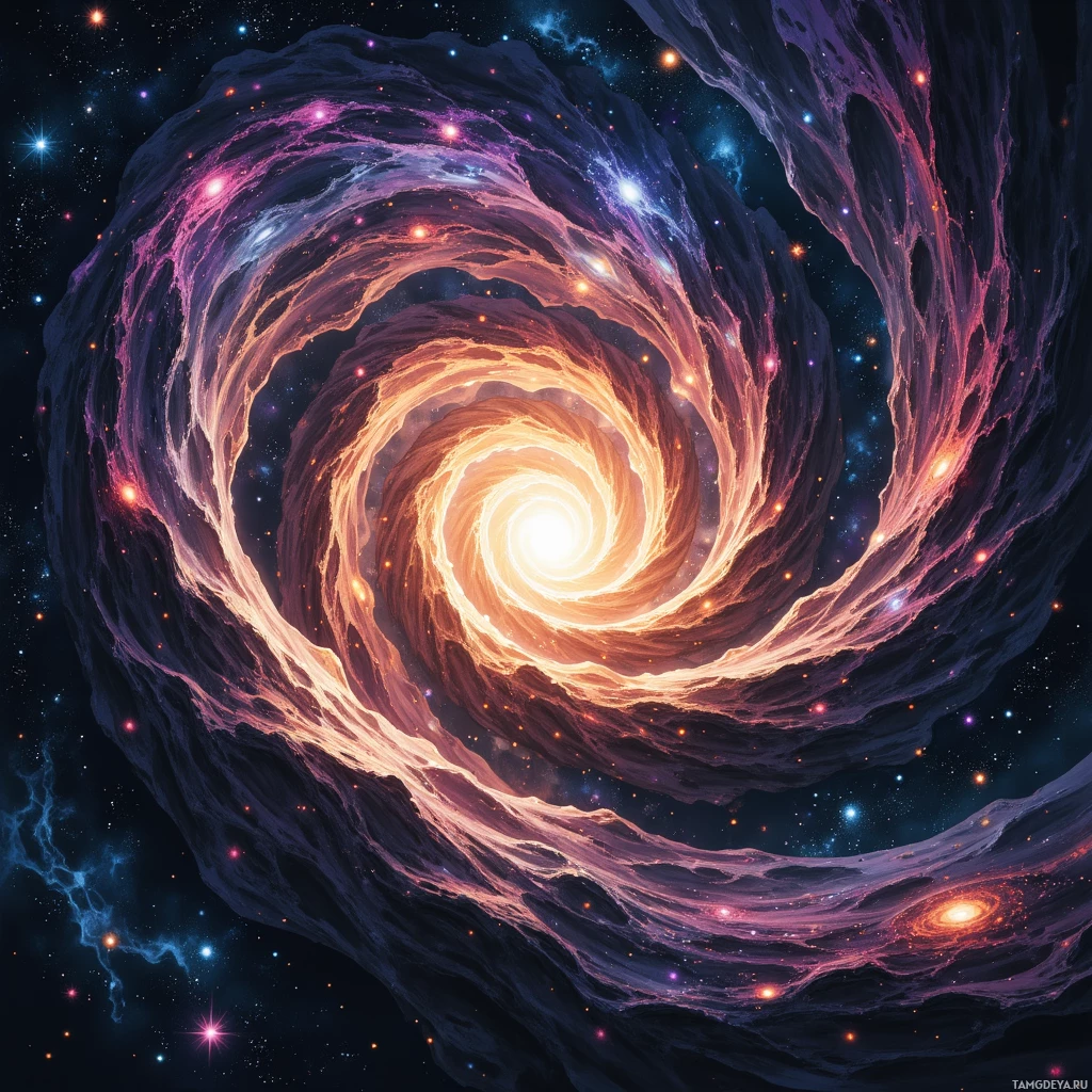 A swirling cosmic vortex with vibrant colors and stars in the background.