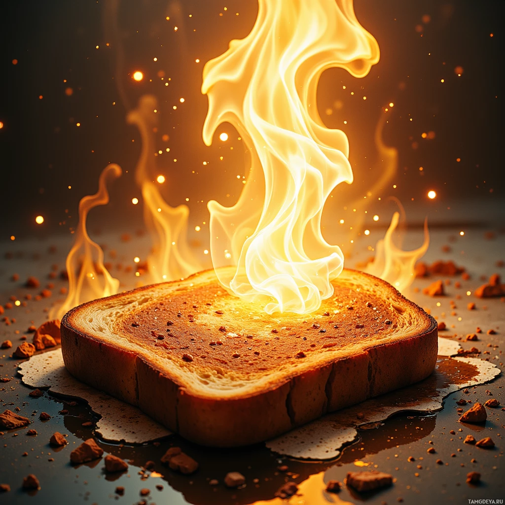 A slice of toast is on fire with flames and sparks surrounding it.
