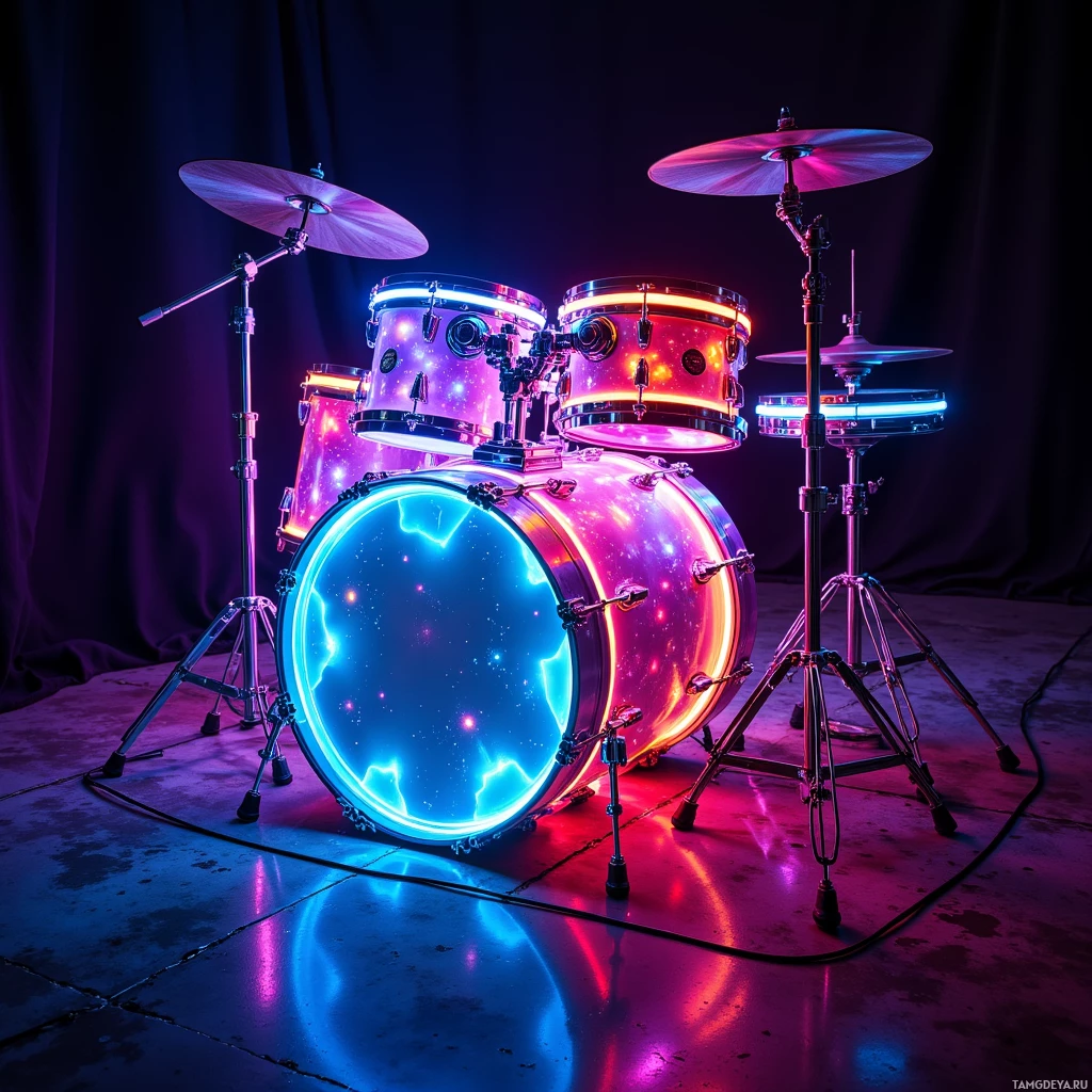 A vibrant drum set with glowing neon lights and cosmic patterns.