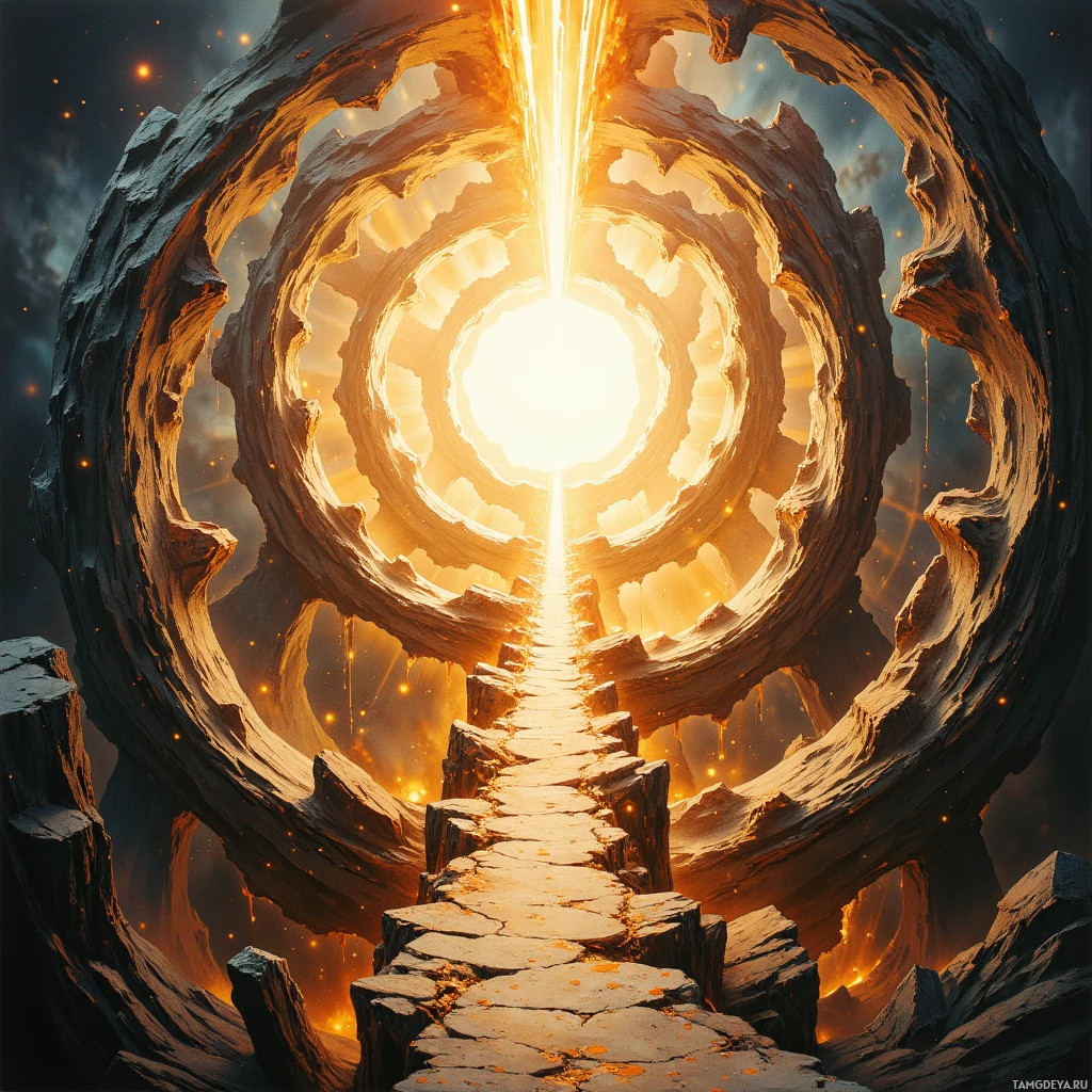 A glowing, circular portal with a stone path leading towards a bright light at its center.