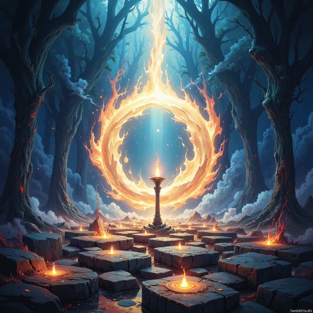 A mystical forest scene with glowing fire circles and a central pillar emitting light.