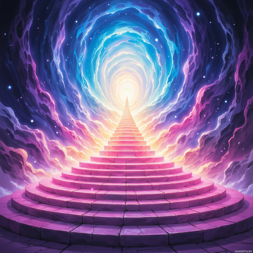 A staircase leading up to a glowing portal in a cosmic setting.