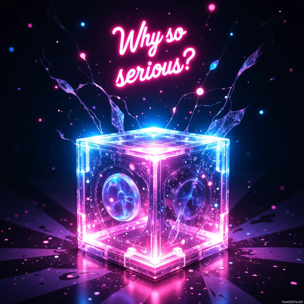 A glowing, transparent cube with neon lights and the text "Why so serious?" above it.