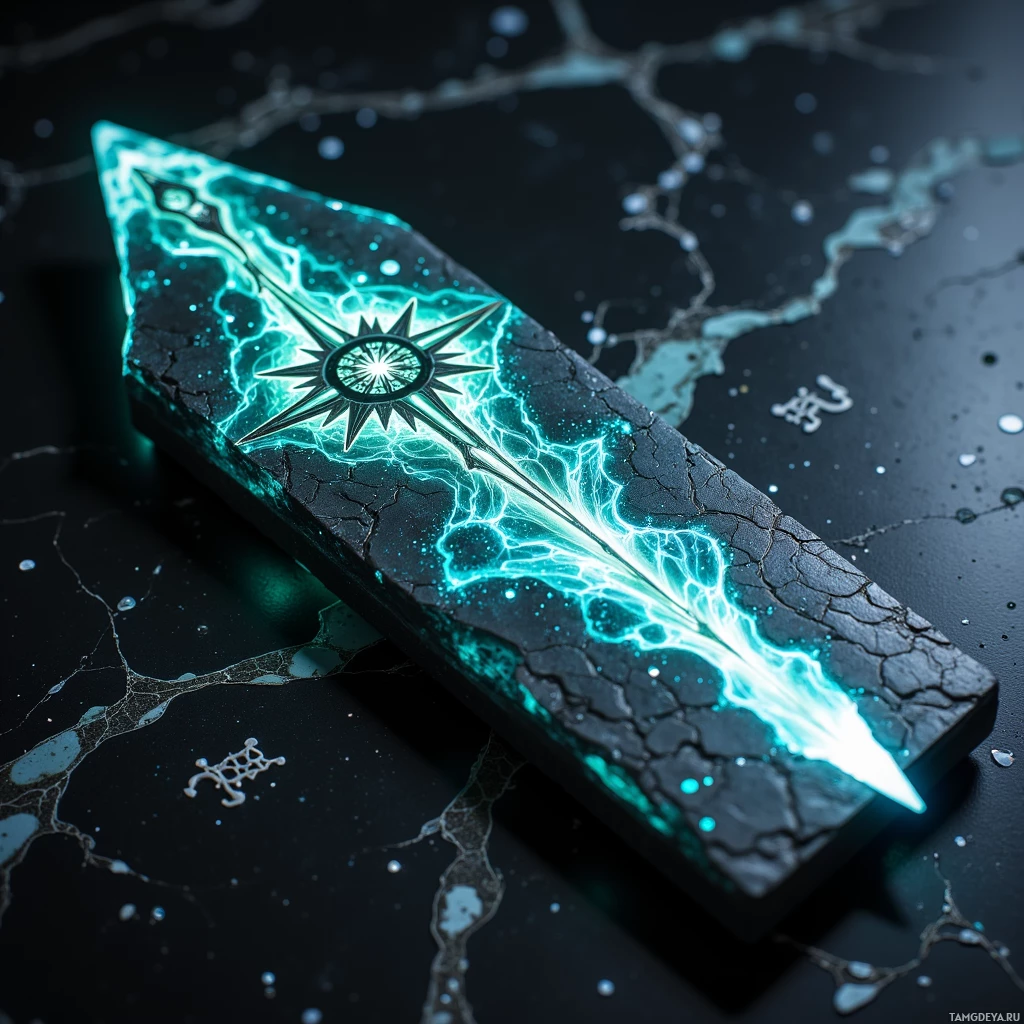 A glowing blue and black triangular object with intricate designs rests on a dark surface.