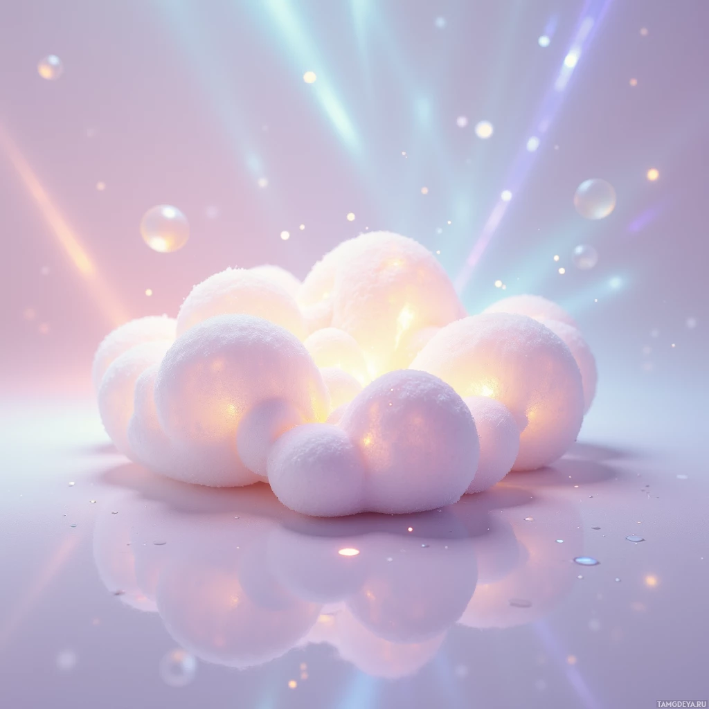 A cluster of glowing, fluffy spheres with a soft pink and purple background.
