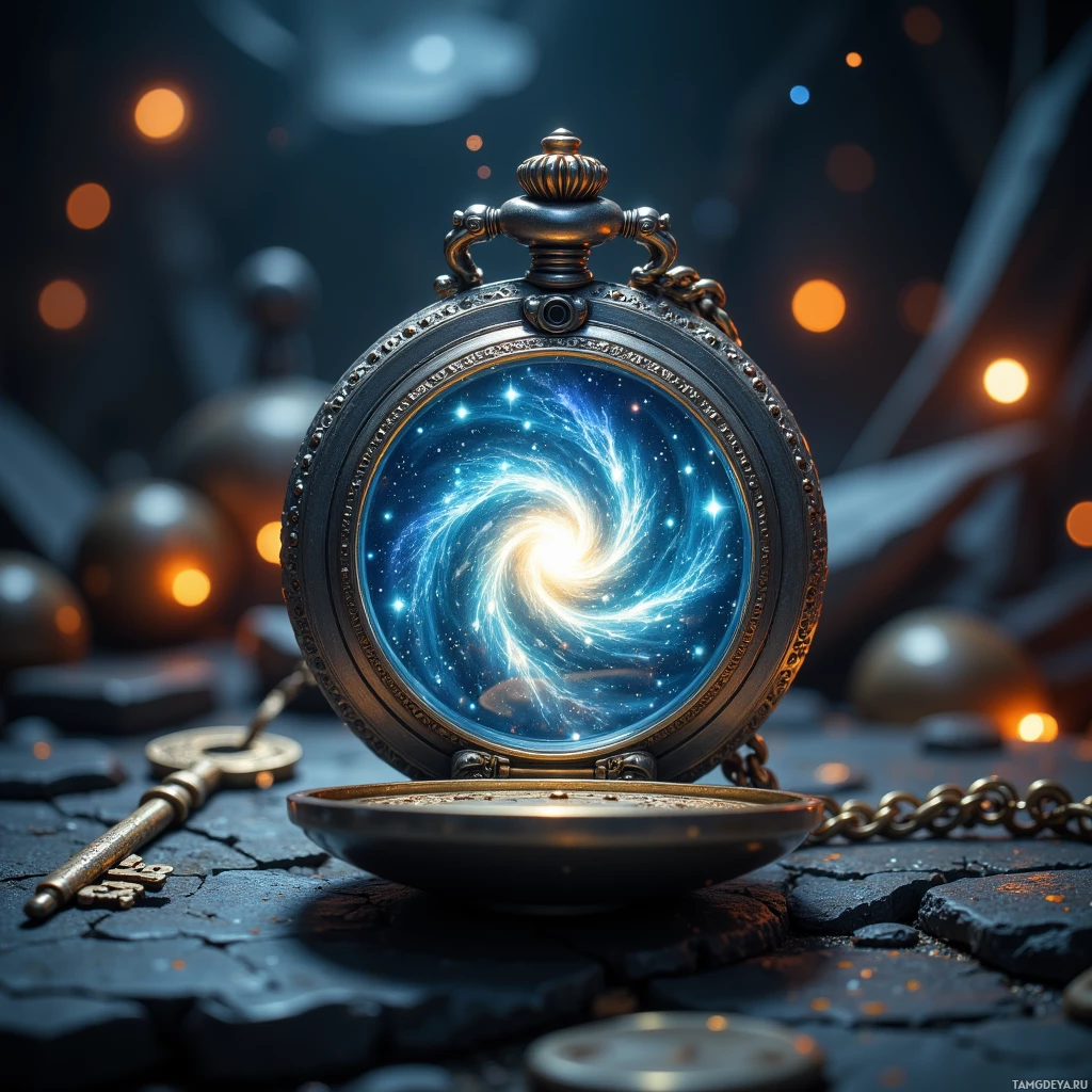 A pocket watch with a cosmic galaxy scene inside its face, surrounded by glowing orbs and a key.
