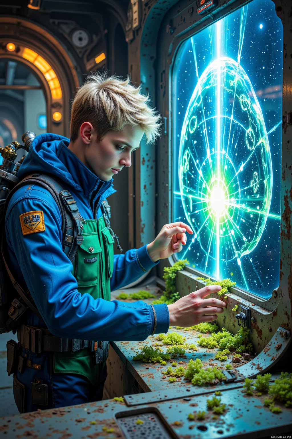 A person in a blue jacket stands by a window with a glowing cosmic view, interacting with it.