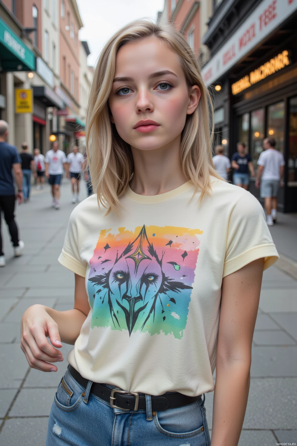 A person wearing a cream t-shirt with a colorful graphic design stands on a city street.