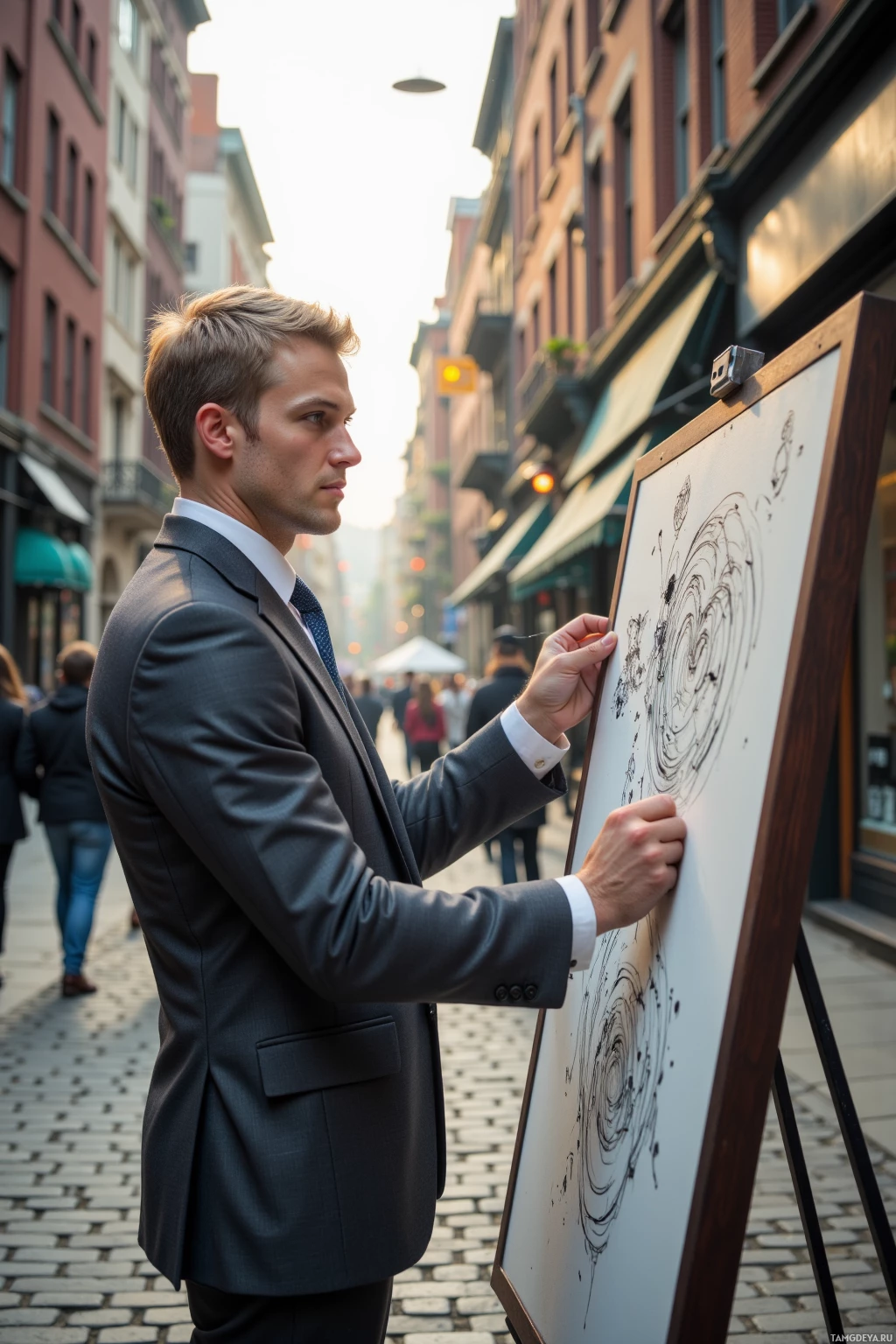 A man in a suit draws on an easel with a pencil in a city street setting.