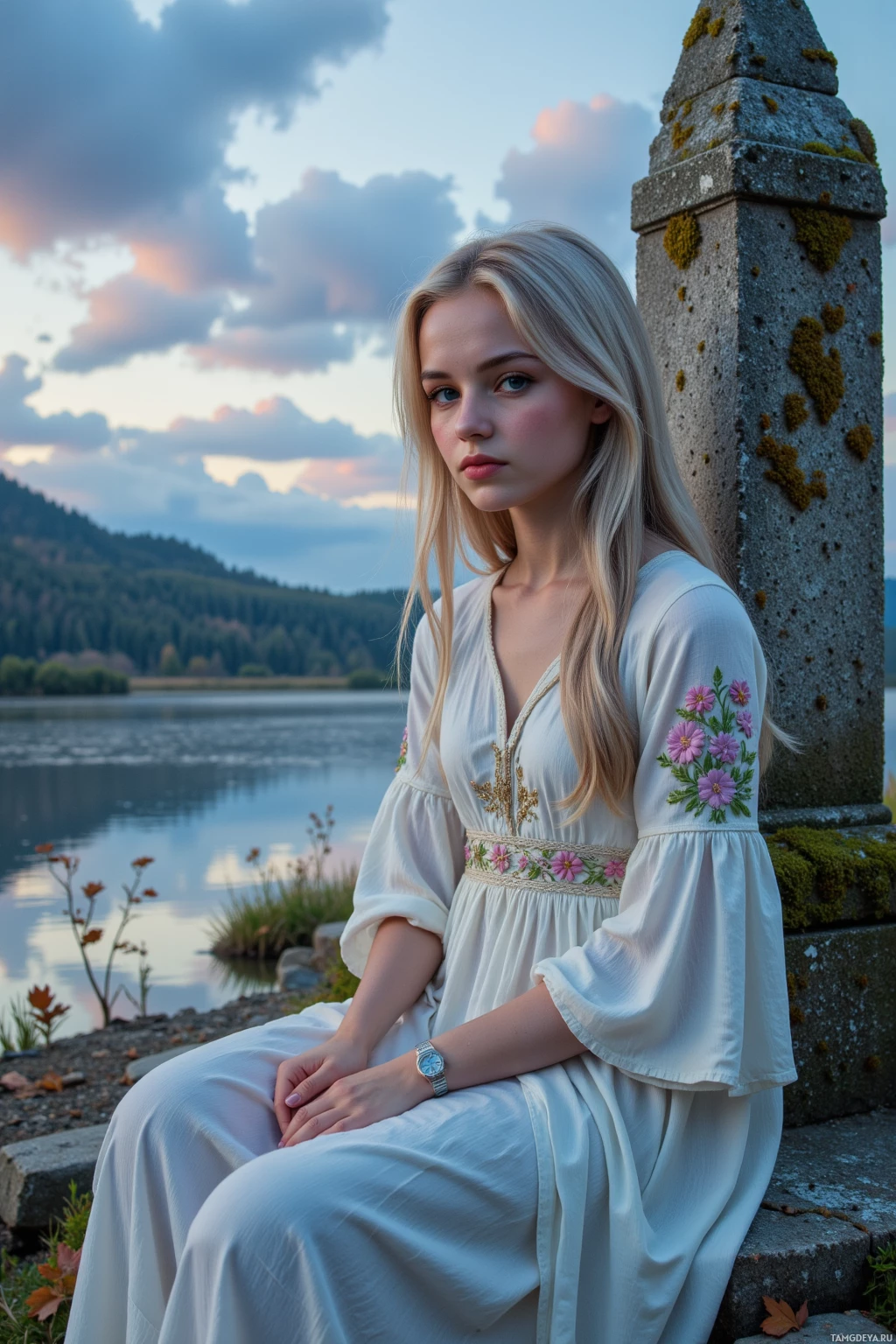 A person in a white dress with floral embroidery sits by a lake at sunset.