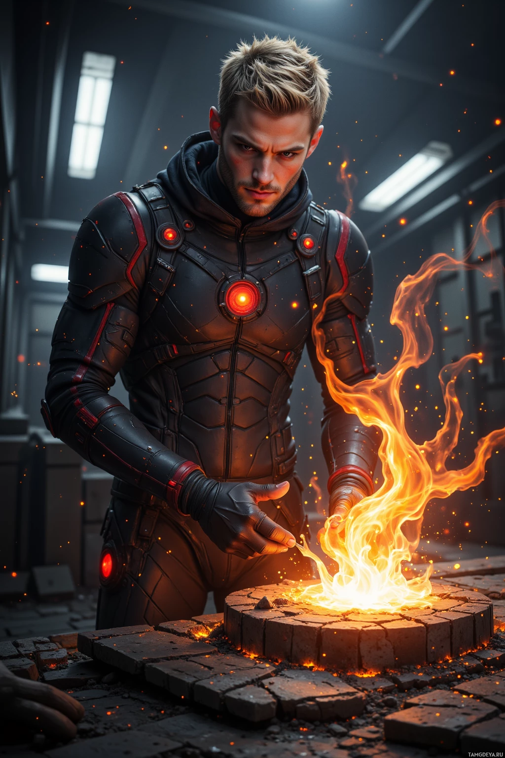 A person in a futuristic suit stands beside a glowing fire pit.