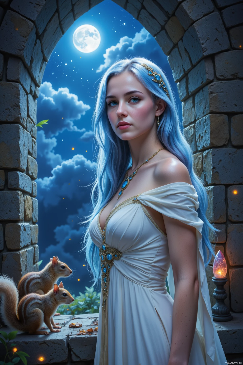 A woman in a white gown stands under a stone archway, with a night sky, full moon, and two squirrels nearby.