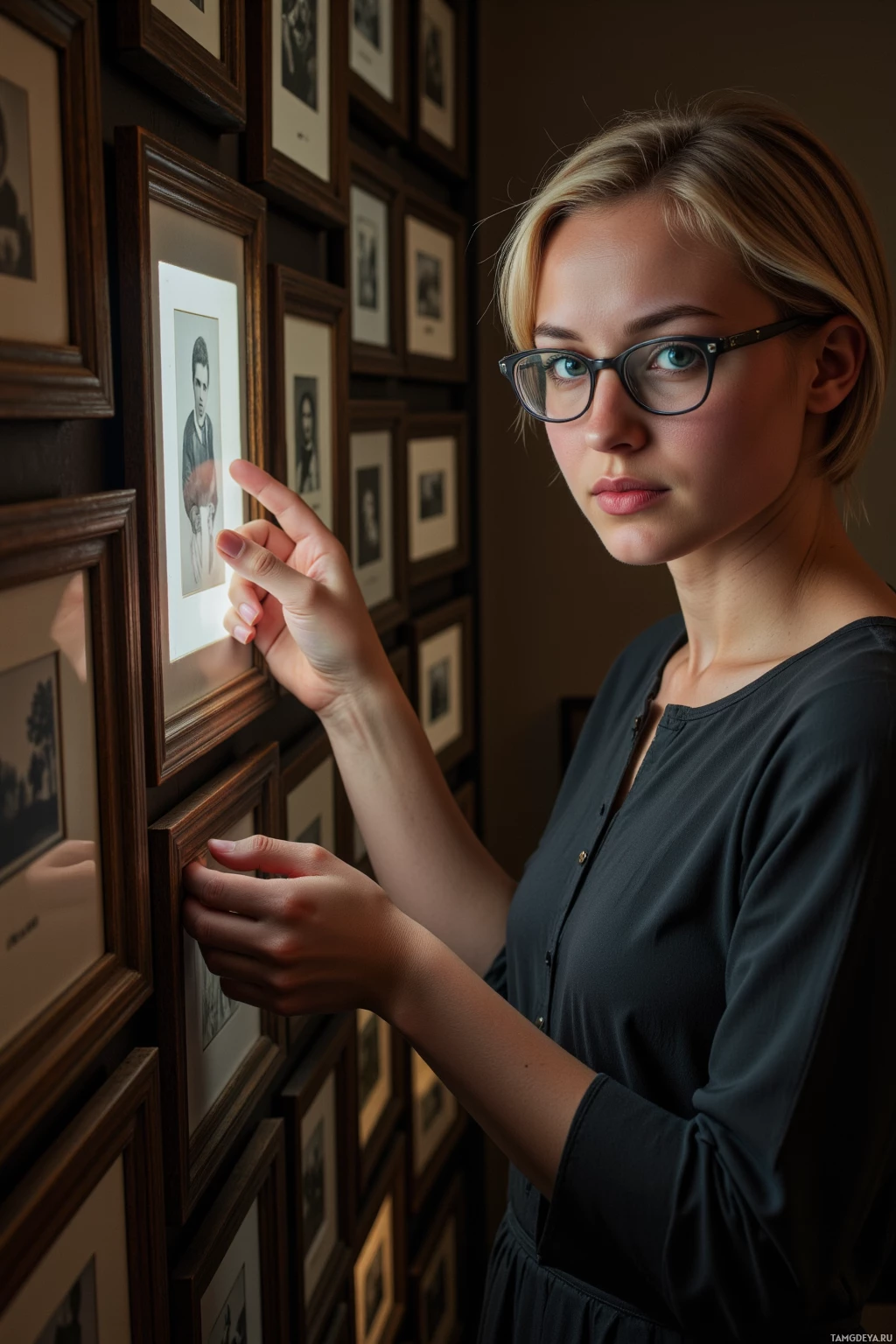 A person wearing glasses points at a framed photograph on a wall.